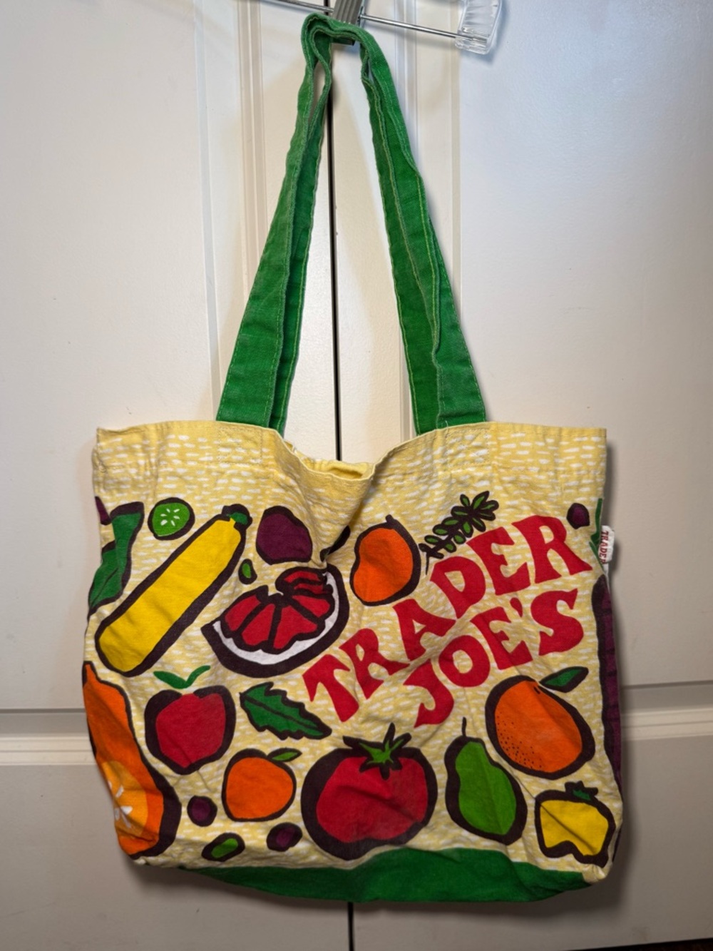 Trader Joe's Fruit & Veggie Yellow Tote Bag with Green Straps - USA Made